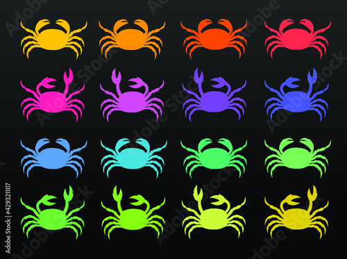 Rainbow Coloured Crabs Pattern Icons Silhouette Animal Crustacean  - Black Background Vector