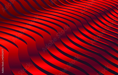 3D render red corrugated strip perspective line texture background