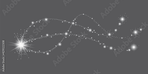 Lights trail gray background. Bright star. Glitter backdrop. Silver texture. Vector illustration. Stock image.