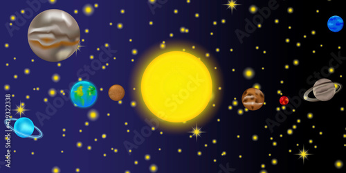 Doodle icon with sky planet stars for wallpaper design. Planet map. Sun texture. Vector illustration. EPS 10.
