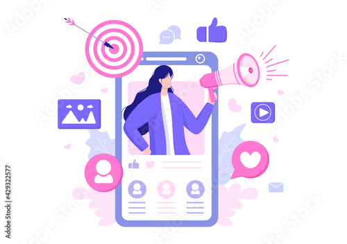 Social Media Marketing Illustration For Advertising Online Service Platform, Online Course, Analytic, Ad Management Software, Website