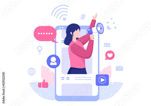 Social Media Marketing Illustration For Advertising Online Service Platform, Online Course, Analytic, Ad Management Software, Website