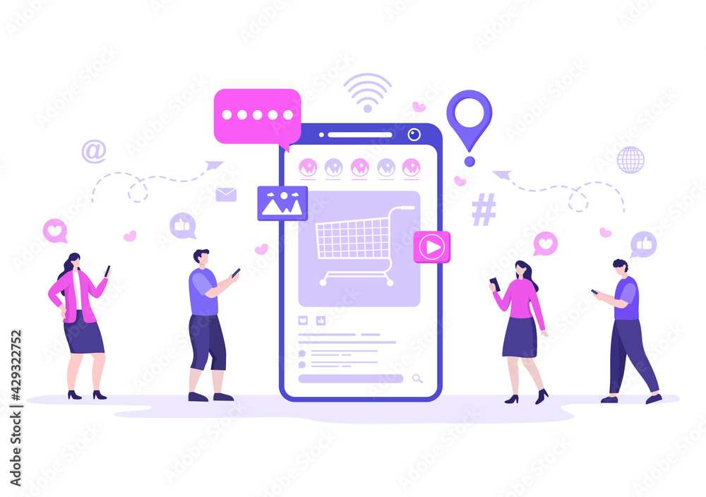 Social Media Marketing Illustration For Advertising Online Service Platform, Online Course, Analytic, Ad Management Software, Website Social Media Marketing Illustration For Advertising Online Service Platform, Online Course, Analytic, Ad Management Software, Website