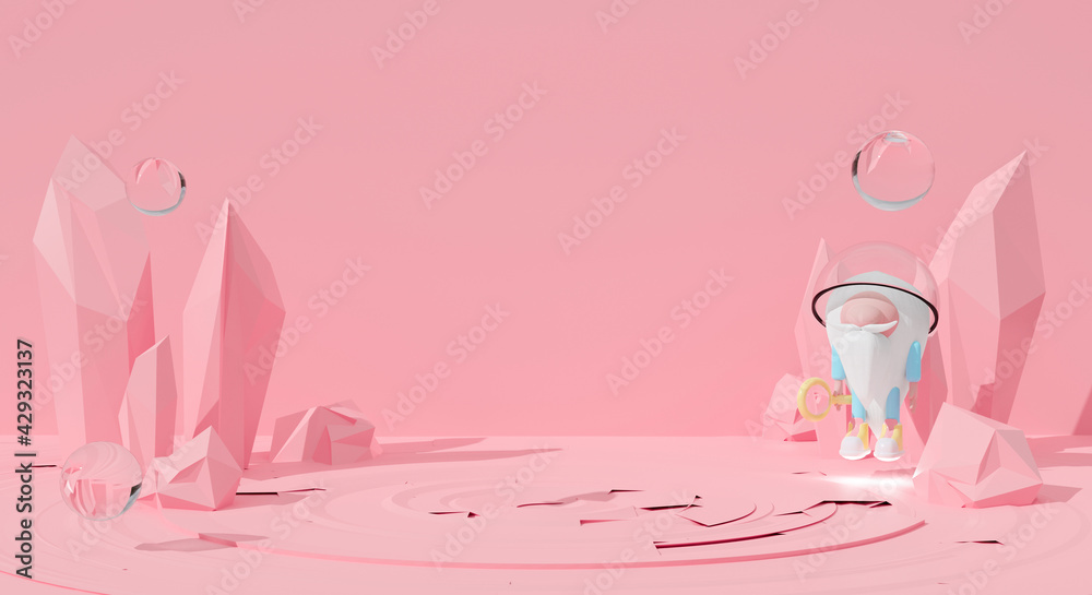 Abstract pink pastel background with game cartoon astronaut gnome in space. Cute 3d rendering design.