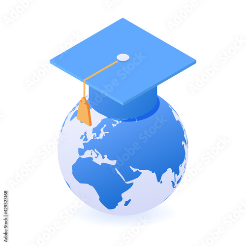 Graduate cap on the planet.Study abroad world education curriculum, overseas school,college and university. International education concept. Isometric vector illustration. Isolated on white background