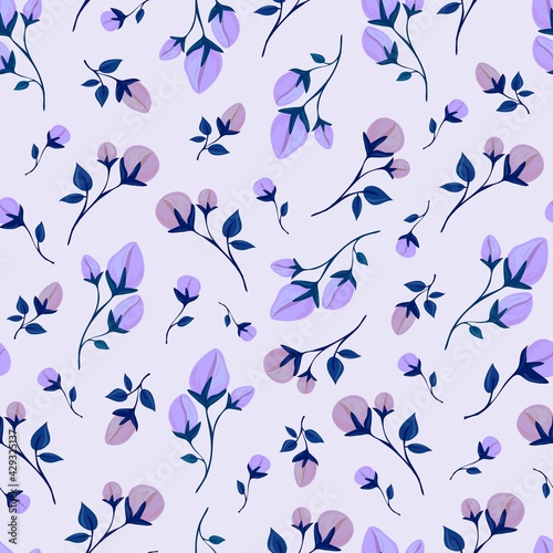 Delicate spring flowers and leaves. Seamless pattern. Botanical print for sandstone on fabric, paper, packaging. Isolated background.