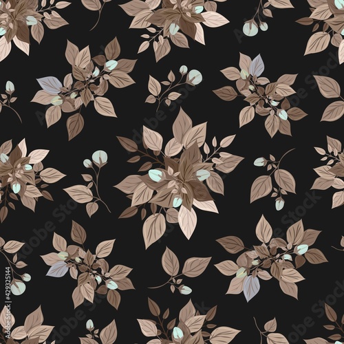 Delicate spring flowers and leaves. Seamless pattern. Botanical print for sandstone on fabric, paper, packaging. Isolated background.