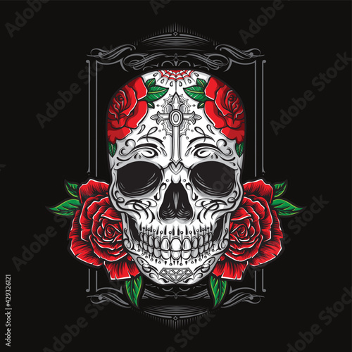 sugarskull with roses vector ornament