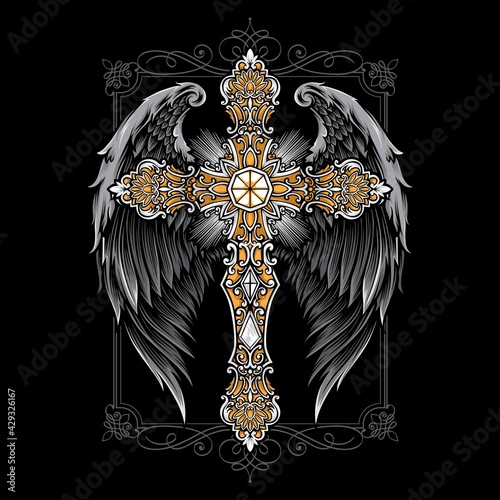 cross with wings vector ornament