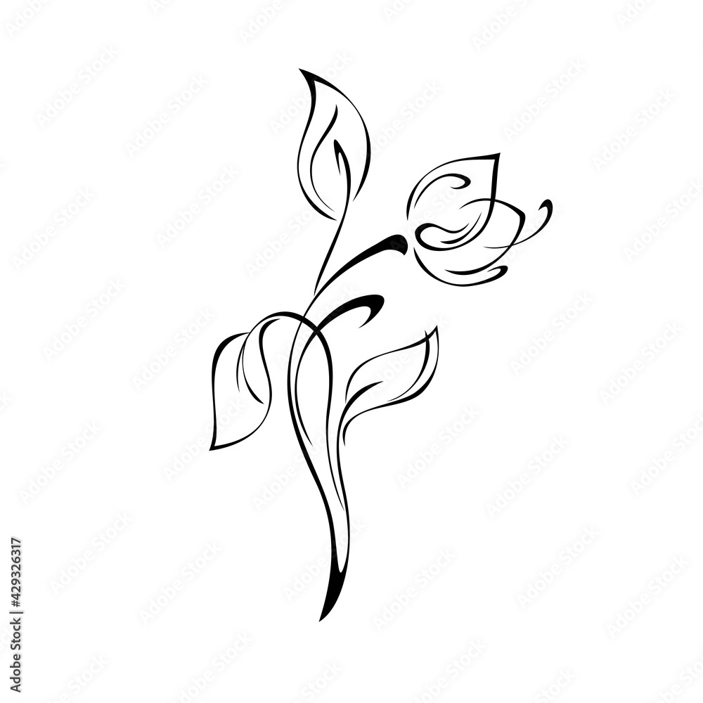 ornament 1714. one stylized flower Bud on a curved stem with leaves and curls in black lines on a white background ornament 1714. one stylized flower Bud on a curved stem with leaves and curls in black lines on a white background