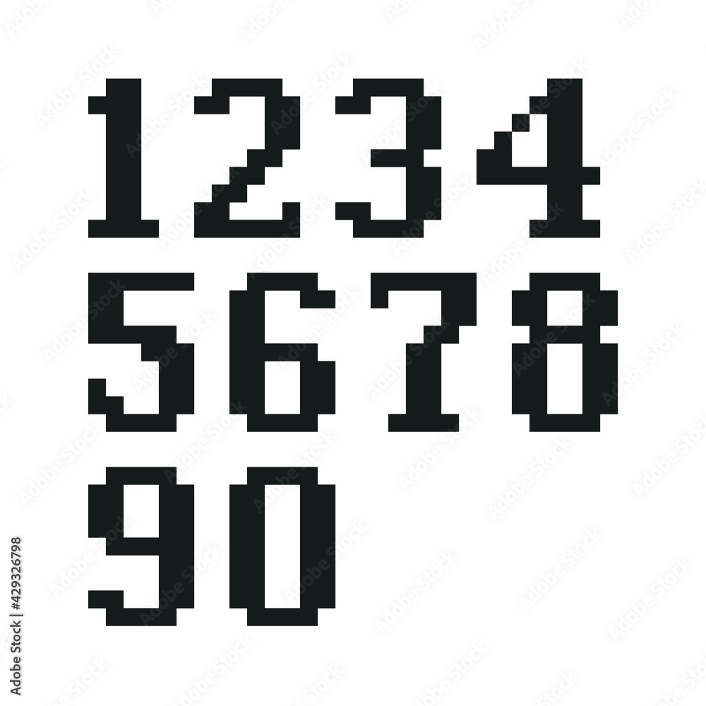 Set of pixel numbers. 8 bits. Modern stylish fonts or typeface for headline or title design like poster, layout design, game, website or print. Set of pixel numbers. 8 bits. Modern stylish fonts or typeface for headline or title design like poster, layout design, game, website or print.