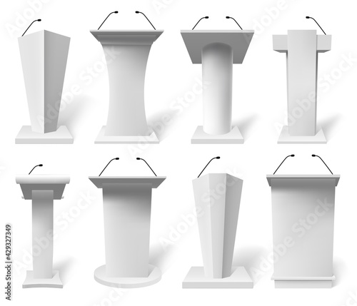 Realistic speech tribune. Debate tribune podiums with microphone, 3d public presentation tribune vector illustration set. White podium tribune mockups
