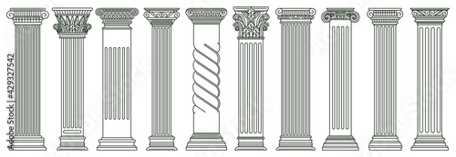 Ancient classic pillars. Greek and roman architecture pillars, historic architectural columns isolated vector illustration set. Antique classic columns photo
