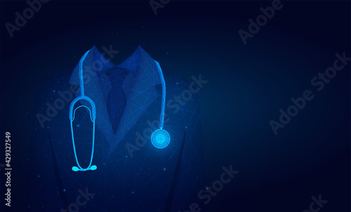 doctor in medical lab coat with a stethoscope.Doctor in hospital background with copy space. low poly wireframe.