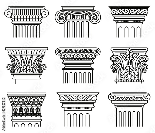 Ancient greek capitals. Architectural orders, ionic and doric antique classical capitals isolated vector illustration set. Greek and roman engraved pillar orders