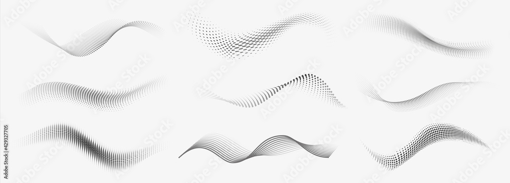 Fototapeta premium Dotted halftone waves. Abstract liquid shapes, wave effect dotted gradient texture waves isolated vector symbols set. Halftone graphic dots waves