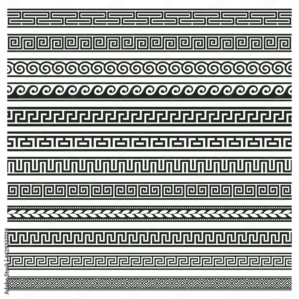 Ancient greek borders. Greek roman meander and wave decorative seamless patterns vector illustration set. Greek geometric meander borders