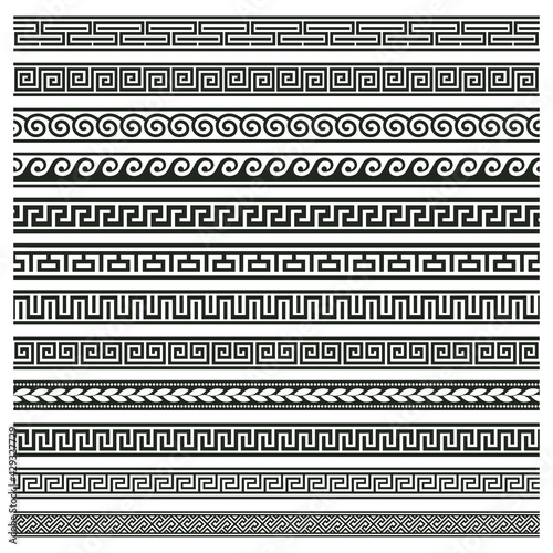Ancient greek borders. Greek roman meander and wave decorative seamless patterns vector illustration set. Greek geometric meander borders photo
