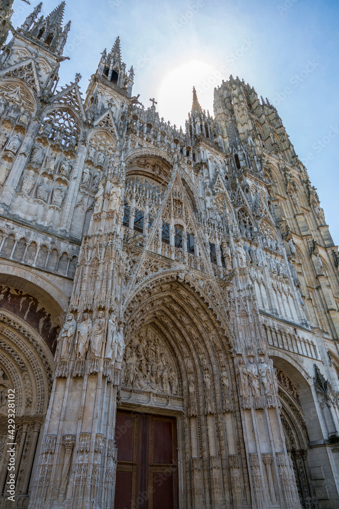 Sculptural figures on the facade of the Rouen Cathedral