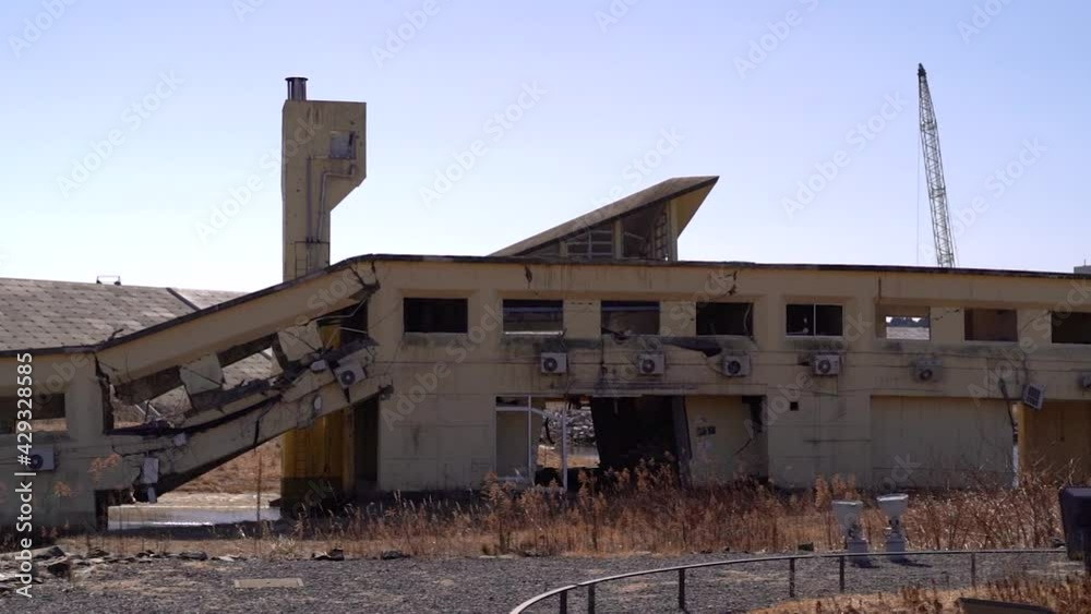 Fast pan over Tsunami destroyed Youth Hostel at Iwate Memorial Museum in Japan Fast pan over Tsunami destroyed Youth Hostel at Iwate Memorial Museum in Japan