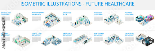 Future modern hospital isometric vector.. With modern equipments and services. Key departments included.