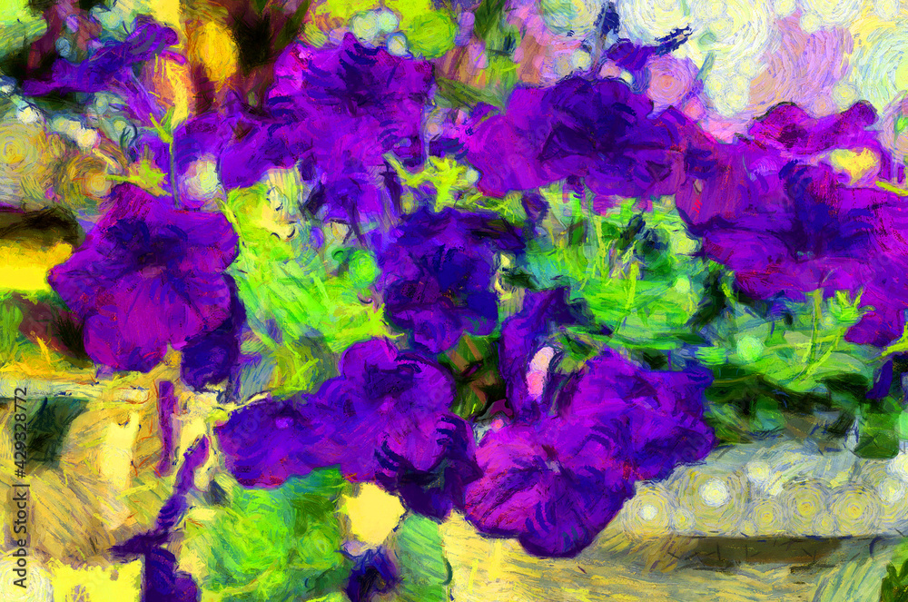 The flowers of the horns are bright purple Illustrations creates an impressionist style of painting.
