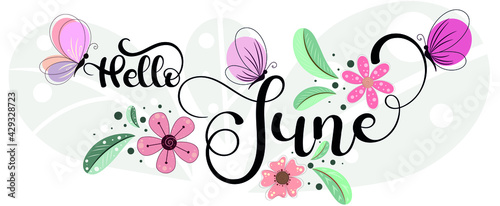 Hello June. JUNE month vector with flowers, butterflies and leaves. Decoration floral. Illustration month June