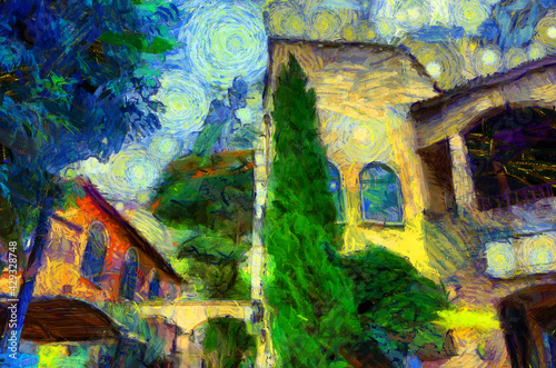 Italian style architecture village landscape Illustrations creates an impressionist style of painting. © Kittipong