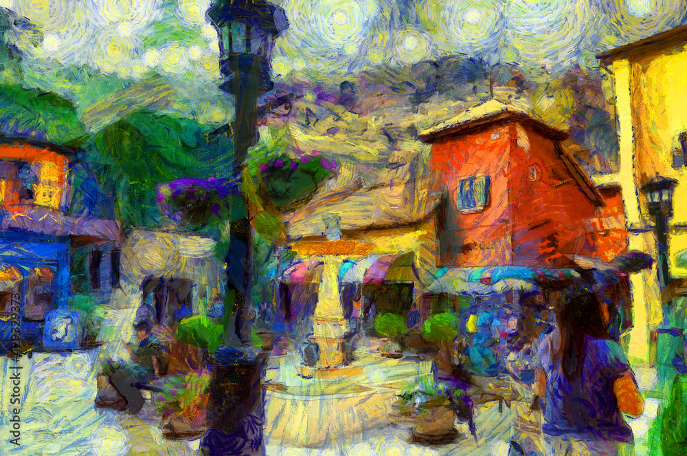 Italian style architecture village landscape Illustrations creates an impressionist style of painting.