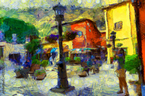 Italian style architecture village landscape Illustrations creates an impressionist style of painting.