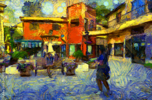 Italian style architecture village landscape Illustrations creates an impressionist style of painting. © Kittipong