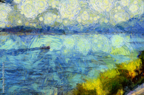 Landscape of the Mekong River in Thailand Illustrations creates an impressionist style of painting.