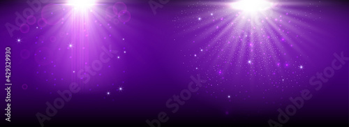 Purple spotlight. Set of bright lighting with spotlights of the stage with purple ducst on transparent background.