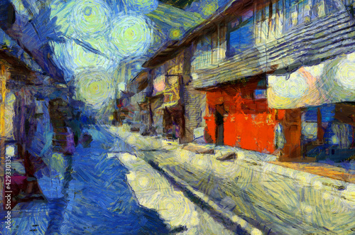Landscape of an ancient trading village in Thailand Illustrations creates an impressionist style of painting. © Kittipong