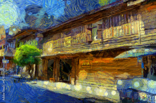 Old wooden house building Illustrations creates an impressionist style of painting.