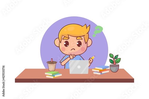 Happy cute little kid does home school with a computer laptop to study e-learning courses. Premium Vector 