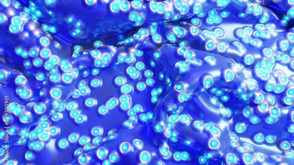 Luminescent bright pearls pulsating on blue rubbery cloth - 3D Abstract scene pull out reveal Luminescent bright pearls pulsating on blue rubbery cloth - 3D Abstract scene pull out reveal