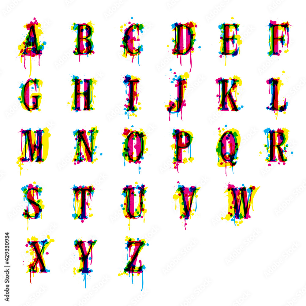 An abstract font imitating a leaked printer. Alphabet CMYK vector.
