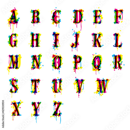 An abstract font imitating a leaked printer. Alphabet CMYK vector.