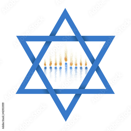Vector illustration of Blue Magen David (star of David) with menorah symbol inside. Isolated on white background