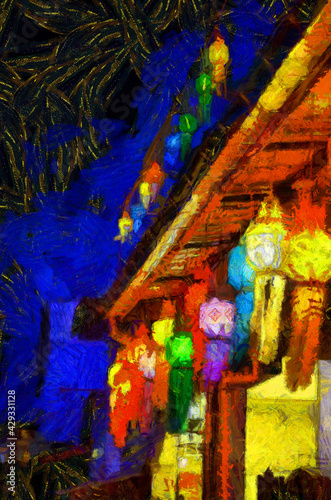 Landscape of a house with antique lanterns made of multicolored paper Illustrations creates an impressionist style of painting.