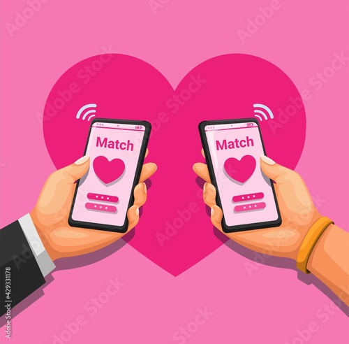 Couple holding smatrtphone using dating app concept in cartoon illustration vector