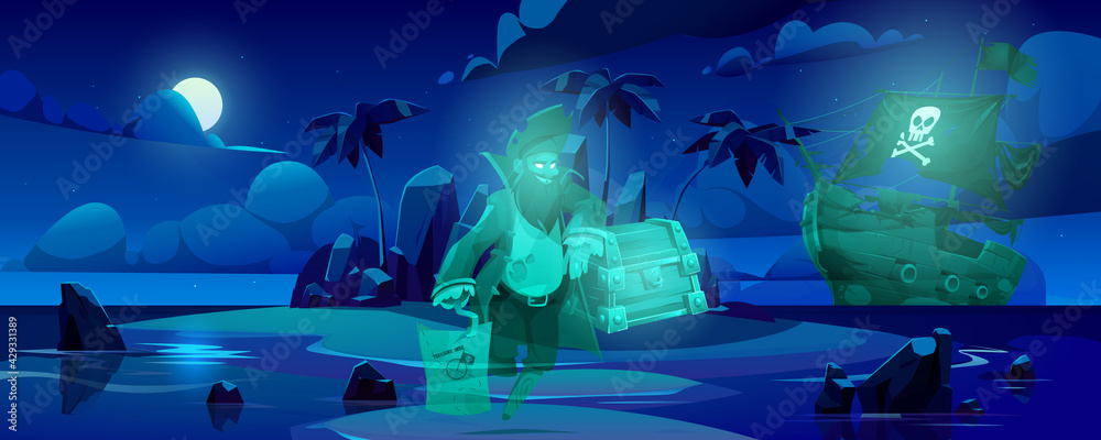 Fototapeta Duch piratów na nawiedzonej wyspie, upiorny, martwy duch kapitana obstrukcji z hakiem na rękę i drewnianą protezą nogi na tropikalnej nocnej plaży ze statkiem, klatką piersiową i mapą skarbów. Ilustracja kreskówka wektor