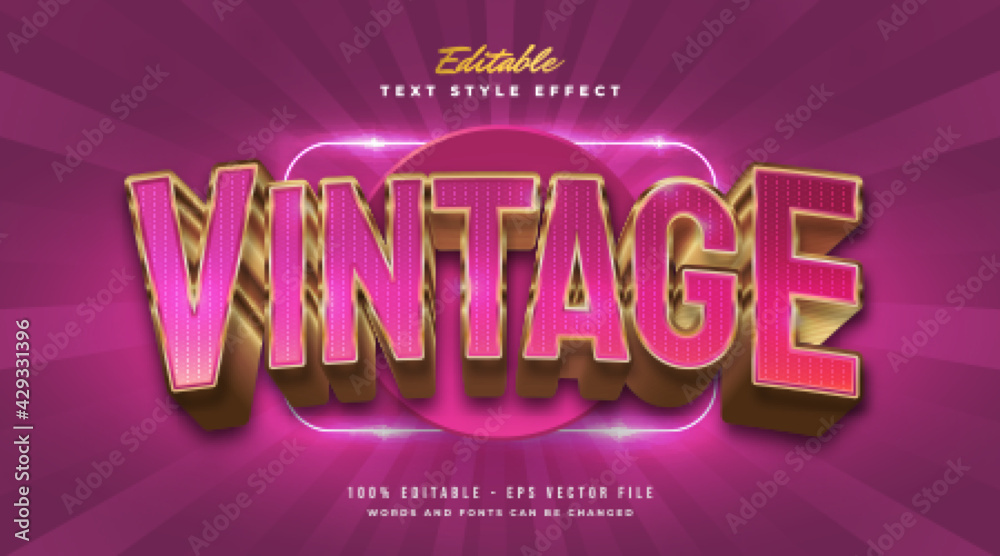 Pink and Gold Vintage Text Style with Curved and Embossed Effect. Editable Text Style Effect