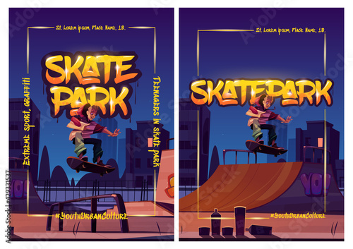 Skate park posters with boy riding on skateboard on rollerdrome at night. Vector flyers with cartoon cityscape with ramps, graffiti and teenager jump on track. Playground for extreme sport activity
