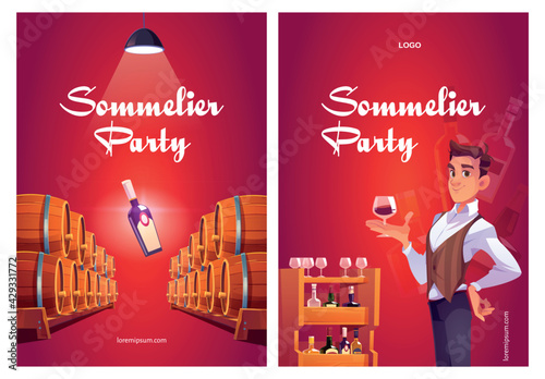 Sommelier party cartoon posters with man in wine shop holding wineglass in hand. Seller examine beverage in store with alcohol drink barrels and bottles stand on wooden shelf, vector invitation flyers