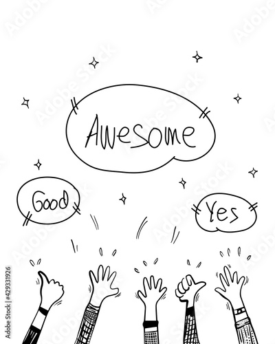 doodle hands up set. hands clapping. applause, thumbs up gesture. hand drawn with speech bubble "good, awesome, yes". isolated on white background. vector illustrat