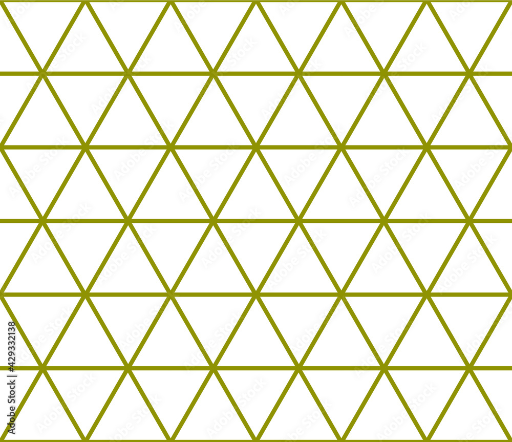 Simple regular triangles and hexagons repeating outline in gold color on a white background, geometric vector illustration