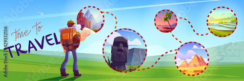 Time to travel cartoon banner, traveler with map plan to visit world landmarks ancient mayan and egyptian pyramids, moai statues on Easter island, Asian paddy plantation, Tourist vector illustration