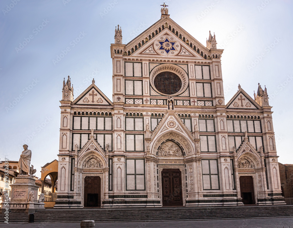 Front view of basilica di santa croce  and empty piazza di santa croce, a famous tourist attraction in Florence (Firenze), Italy